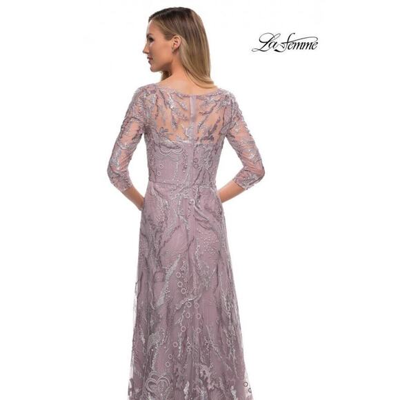 La Femme 29233 Embroidered A-line Gown Icy Mauve Sheer Sleeve Size 12 NWOT - Picture 5 of 12